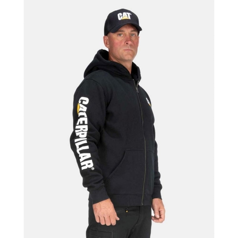 Caterpillar CAT Trademark Banner Full Zip Hoodie Black Sleeve Logo Men XL Heavy